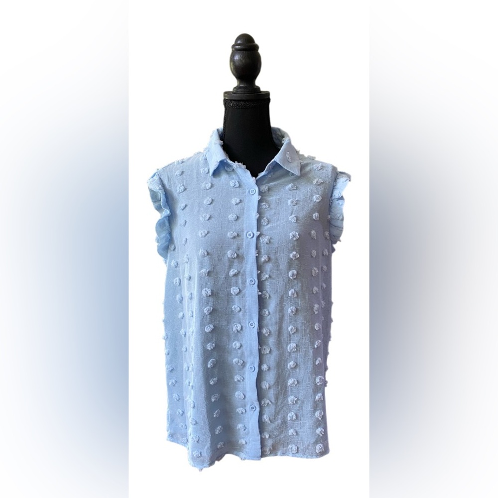Blue Cap Sleeve Swiss Dot Button Down Shirt with Flutter Sleeves